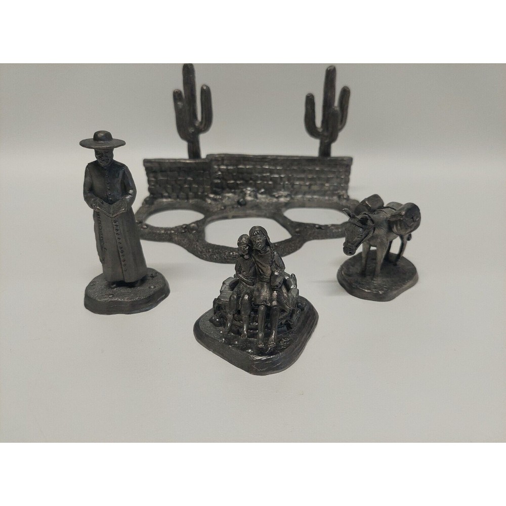 Michael Ricker Pewter 4 Piece Western Scene, Donkey, Priest, Kids at Well Cactus